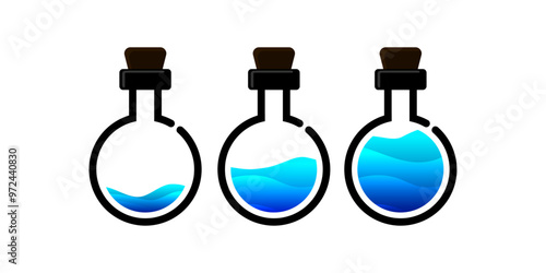 Set of glass bottles. Different colors potion flat style on white background. Vector illustration. Design elements for game collection.