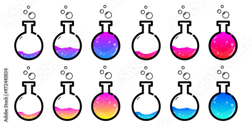 Set of glass bottles. Different colors potion flat style on white background. Vector illustration. Design elements for game collection.