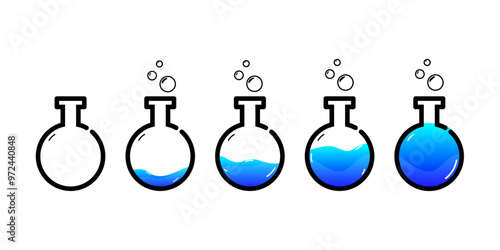 Set of glass bottles. Different colors potion flat style on white background. Vector illustration. Design elements for game collection.