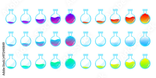 Set of glass bottles. Different colors potion flat style on white background. Vector illustration. Design elements for game collection.