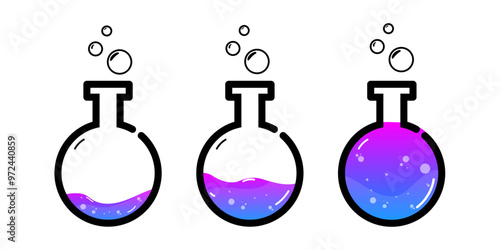 Set of glass bottles. Different colors potion flat style on white background. Vector illustration. Design elements for game collection.