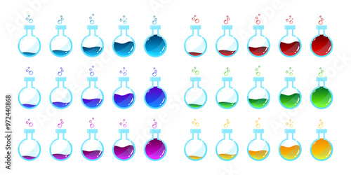 Set of glass bottles. Different colors potion flat style on white background. Vector illustration. Design elements for game collection.