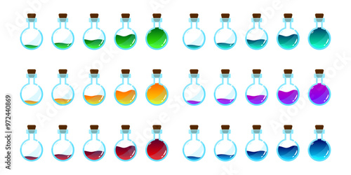 Set of glass bottles. Different colors potion flat style on white background. Vector illustration. Design elements for game collection.