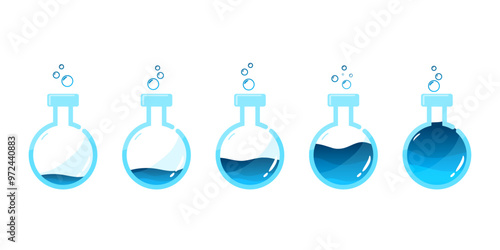 Set of glass bottles. Different colors potion flat style on white background. Vector illustration. Design elements for game collection.
