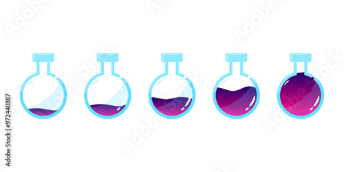 Set of glass bottles. Different colors potion flat style on white background. Vector illustration. Design elements for game collection.