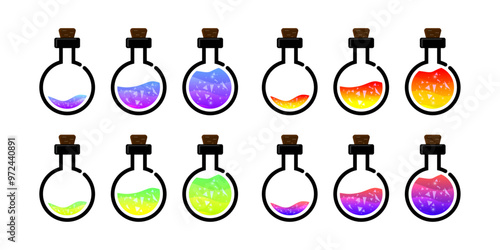 Set of glass bottles. Different colors potion flat style on white background. Vector illustration. Design elements for game collection.