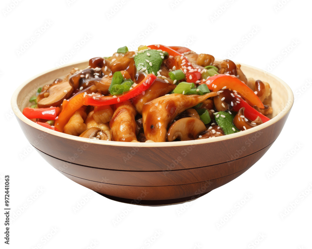 A hearty bowl of stir-fried chicken and fresh vegetables features colorful bell peppers and mushrooms topped with sesame seeds and green onions. A hearty bowl of stir-fried chicken and fresh vegetables features colorful bell peppers and mushrooms topped with sesame seeds and green onions.