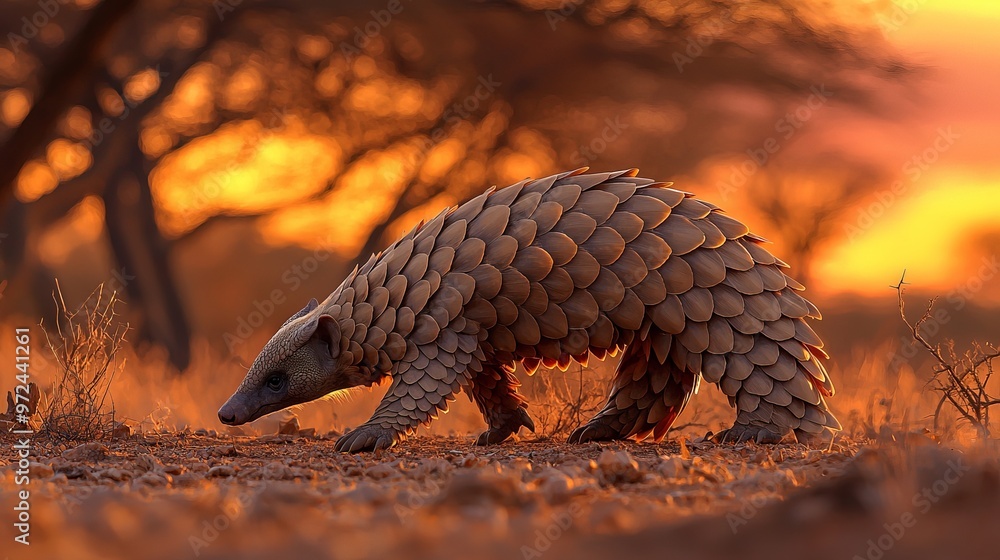 Pangolin walking on dry savanna ground at sunset, with dramatic golden light in the background Pangolin walking on dry savanna ground at sunset, with dramatic golden light in the background