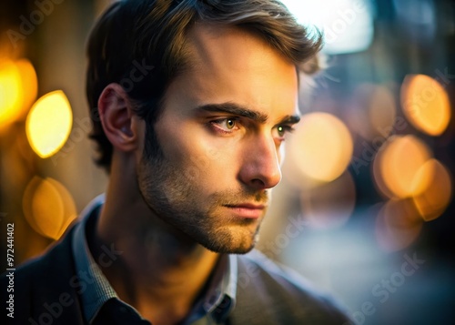 A serious-looking individual with a introspective expression, gazing down slightly, with a subtle facial curve, set photo