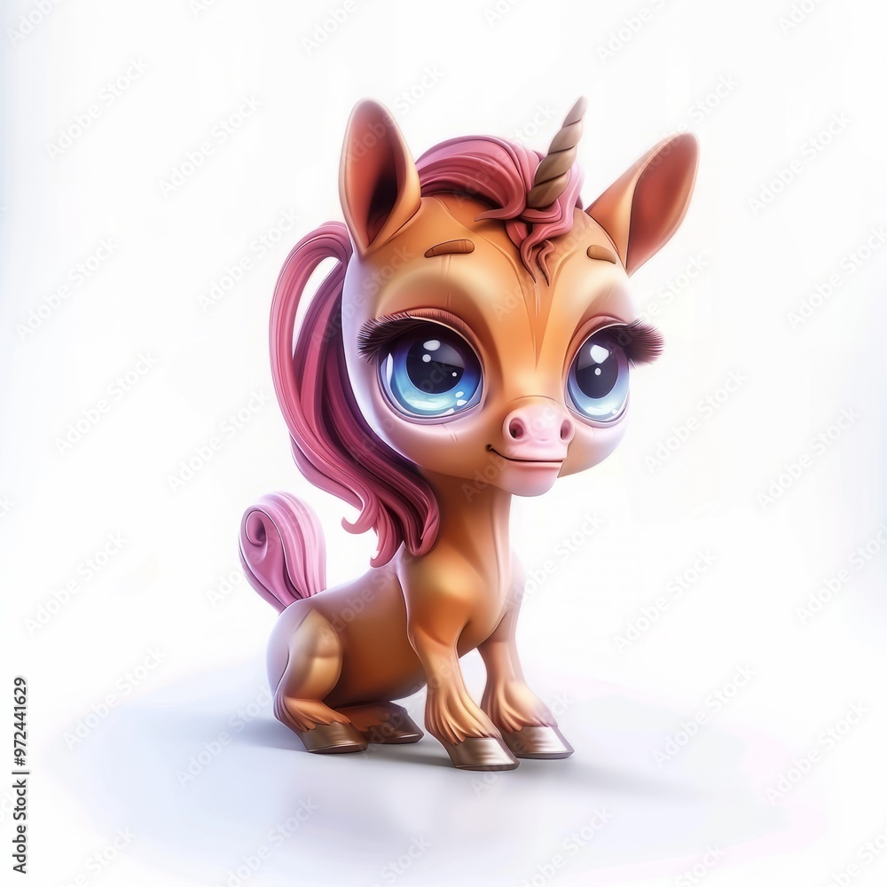 Cute baby unicorn with big eyes and pink hair in a playful pose Cute baby unicorn with big eyes and pink hair in a playful pose