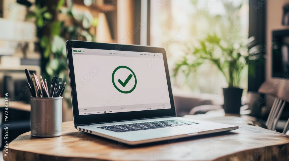 Successful purchase confirmation with a green checkmark on an online shopping Successful purchase confirmation with a green checkmark on an online shopping