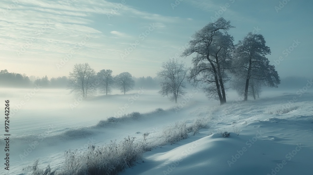 Naklejka premium Winter fog rolling through a snowy landscape, with trees and fields partially obscured by the mist, creating a mysterious and calm atmosphere. 4K hyperrealistic photo.