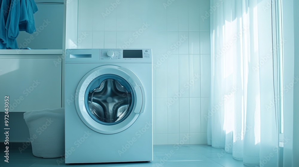 Modern washing machine in a bright laundry room with natural light illuminating the space Modern washing machine in a bright laundry room with natural light illuminating the space