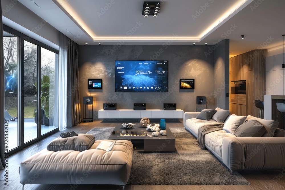 Modern Living Room with Smart TV, Minimalist Design, and Large Windows Overlooking Garden Modern Living Room with Smart TV, Minimalist Design, and Large Windows Overlooking Garden