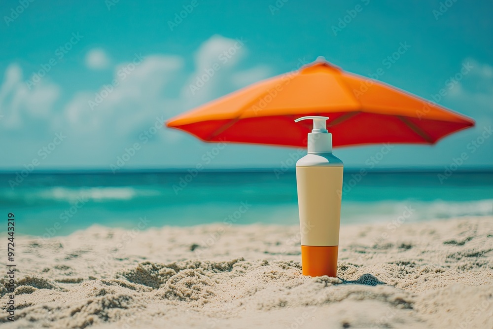Sunscreen bottle on sandy beach with umbrella and blue sky background. Summer vacation concept Sunscreen bottle on sandy beach with umbrella and blue sky background. Summer vacation concept