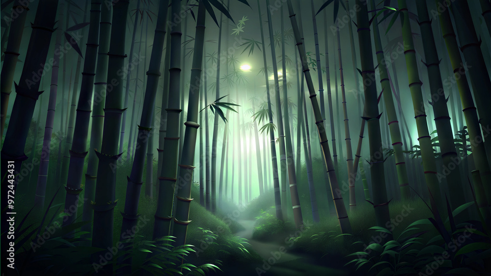 Mysterious bamboo forest illuminated by moonlight with a winding path leading through lush greenery Mysterious bamboo forest illuminated by moonlight with a winding path leading through lush greenery