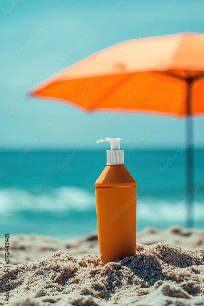 Sunscreen bottle on sandy beach with umbrella and blue sky background. Summer vacation concept Sunscreen bottle on sandy beach with umbrella and blue sky background. Summer vacation concept