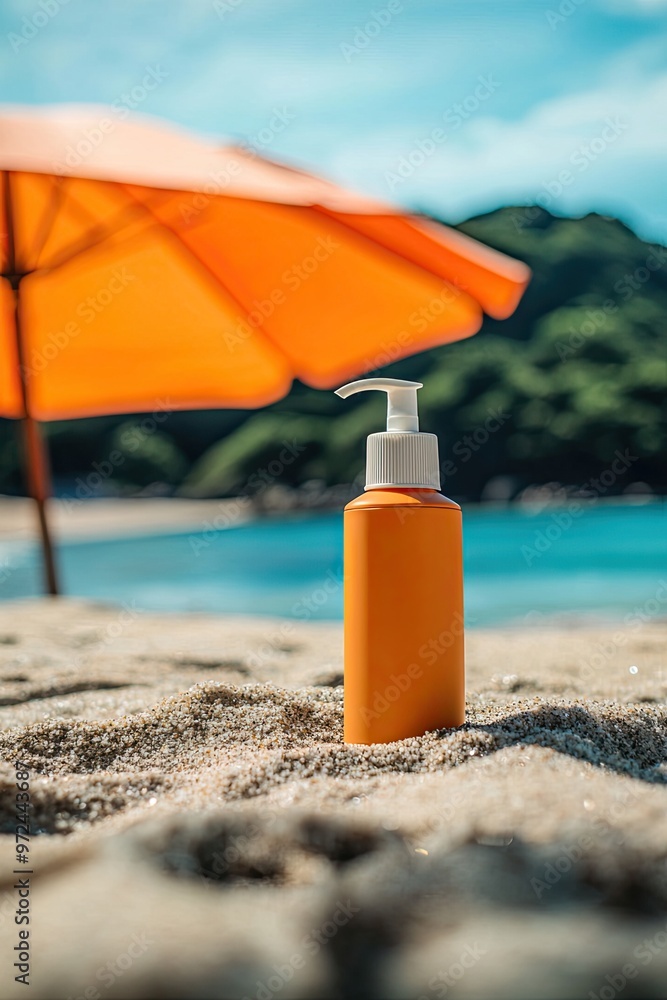 Sunscreen bottle on sandy beach with umbrella and blue sky background. Summer vacation concept Sunscreen bottle on sandy beach with umbrella and blue sky background. Summer vacation concept