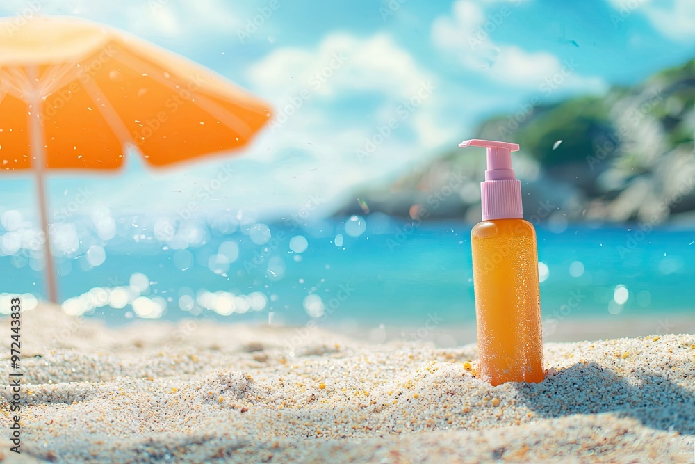 Sunscreen bottle on sandy beach with umbrella and blue sky background. Summer vacation concept