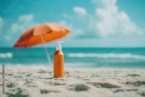 Sunscreen bottle on sandy beach with umbrella and blue sky background. Summer vacation concept