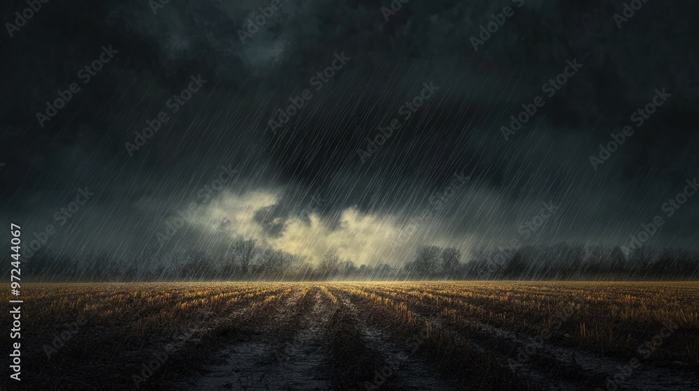 A dark stormy sky with heavy rain falling on a field, creating a dramatic and moody landscape A dark stormy sky with heavy rain falling on a field, creating a dramatic and moody landscape