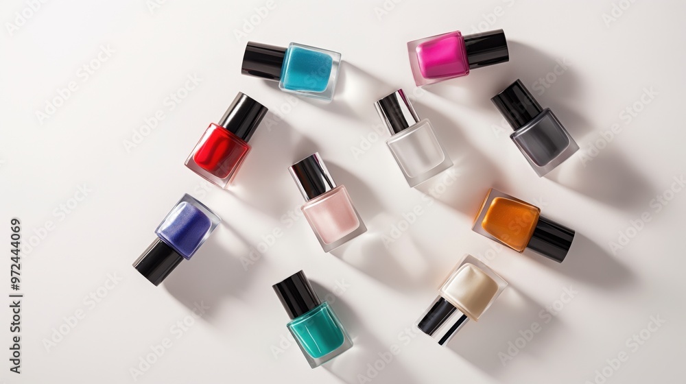 Nail polish. Bottles of colored nail polish, some of them leaking. Beauty industry Nail polish. Bottles of colored nail polish, some of them leaking. Beauty industry