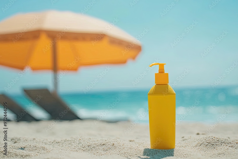 Sunscreen bottle on sandy beach with umbrella and blue sky background. Summer vacation concept Sunscreen bottle on sandy beach with umbrella and blue sky background. Summer vacation concept