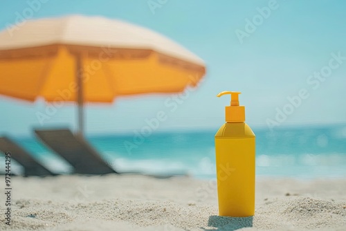 Sunscreen bottle on sandy beach with umbrella and blue sky background. Summer vacation concept