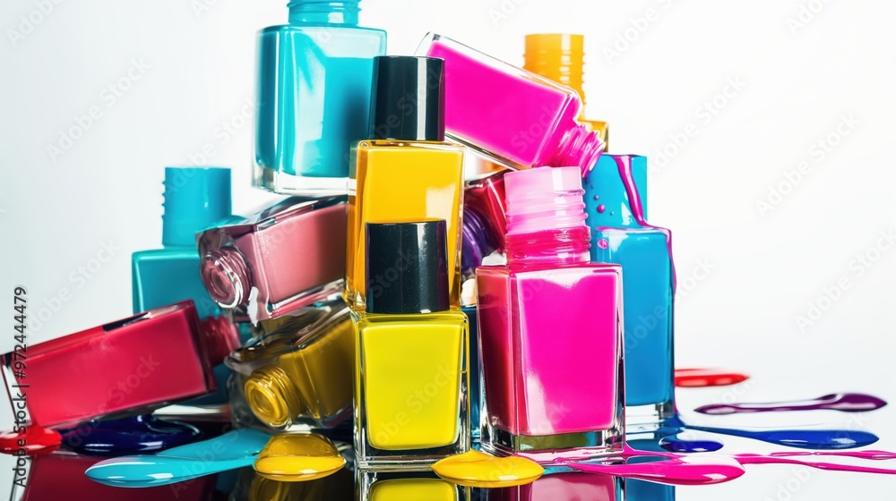 Nail polish. Bottles of colored nail polish, some of them leaking. Beauty industry Nail polish. Bottles of colored nail polish, some of them leaking. Beauty industry