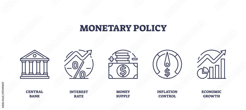 Monetary policy as strategy for money stability outline icons collection set, transparent background. Labeled elements with central bank interest rate monitoring. Monetary policy as strategy for money stability outline icons collection set, transparent background. Labeled elements with central bank interest rate monitoring.