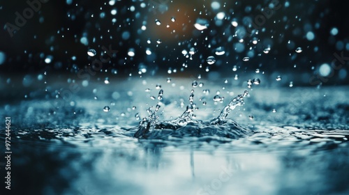 A dramatic close-up of raindrops falling into a puddle, with high-speed capture freezing the action