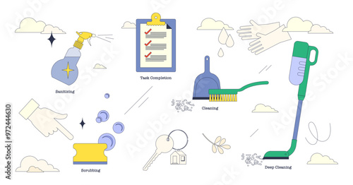 Move out cleaning service before leaving house tiny neubrutalism collection, transparent background. Labeled elements with sanitizing, deep clean scrubbing and brushing illustration.