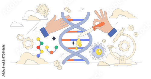 Molecular biology and biotechnology science study tiny neubrutalism concept, transparent background. Genetic DNA helix research, sequencing or artificial editing.