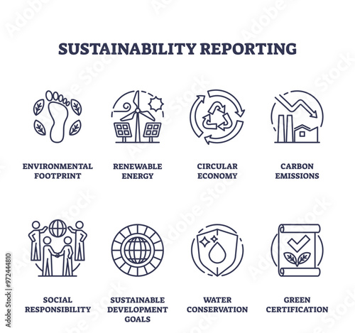 Sustainability reporting and corporate ecology outline icons collection set, transparent background. Labeled elements with renewable energy, circular economy or reduced carbon emissions.