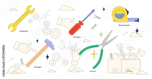 Toolbox instruments and their purpose tiny neubrutalism collection set, transparent background. Labeled elements with DIY equipment tools for versatility, strength, precision.