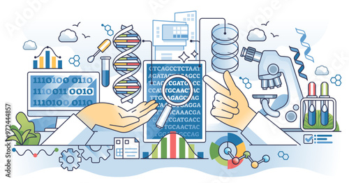 Bioinformatics for genetics and genomic analytics outline hands concept, transparent background. Digital technology usage for DNA research and microbiology illustration.