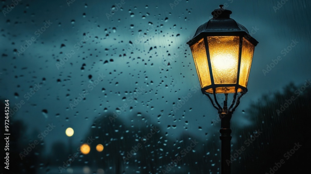 A lone streetlight glowing in the rain, with drops glistening in the light and dark clouds overhead A lone streetlight glowing in the rain, with drops glistening in the light and dark clouds overhead