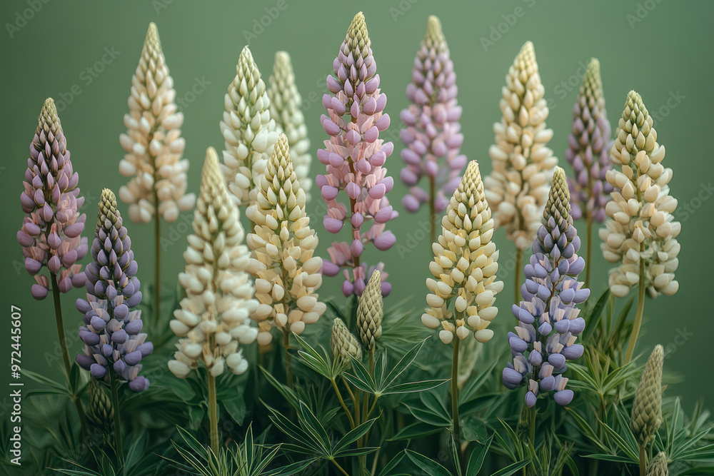 A cluster of purple and white lupines, standing tall and elegant, A cluster of purple and white lupines, standing tall and elegant,