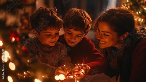 Parents and children decorating the house together, stringing up lights and hanging garlands with joy and laughter. 4K hyperrealistic photo.