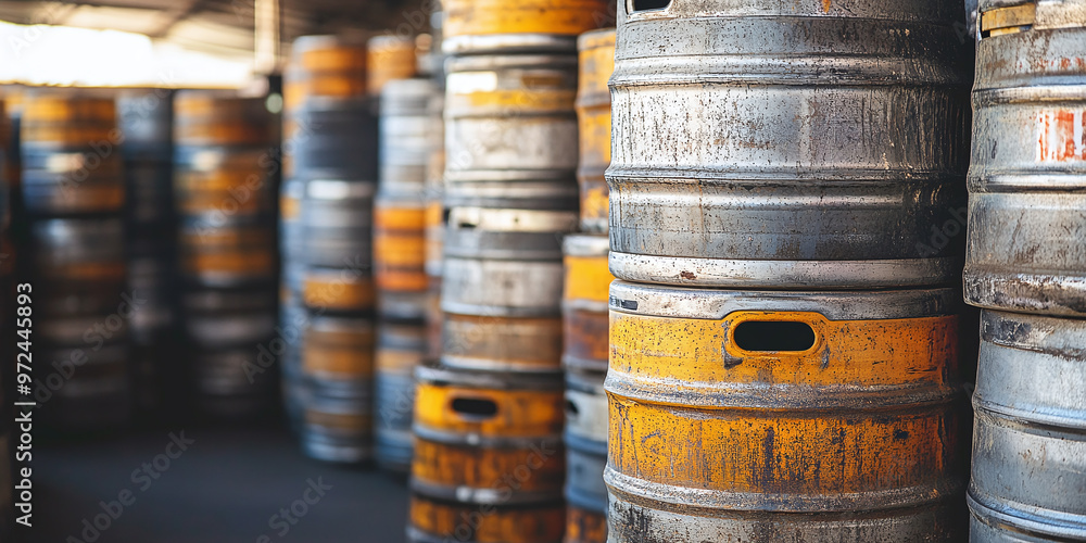 Stacked beer kegs in a brewery, secure supply chain and storage of craft beer in industrial metal barrels with visible wear Stacked beer kegs in a brewery, secure supply chain and storage of craft beer in industrial metal barrels with visible wear
