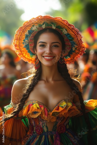 Smiling hispanic woman in traditional dress at outdoor festival during the day