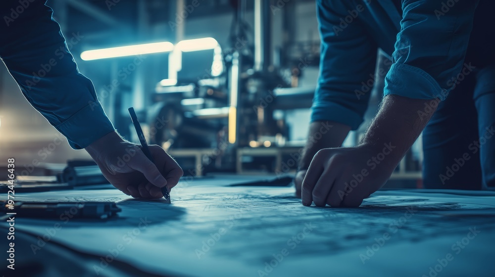 Obraz premium Engineers Working on Blueprint in Factory
