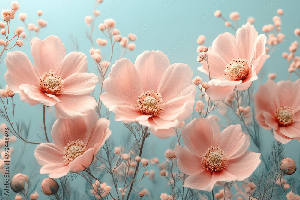 A bunch of delicate pink cosmos flowers with thin, feathery leaves, A bunch of delicate pink cosmos flowers with thin, feathery leaves,