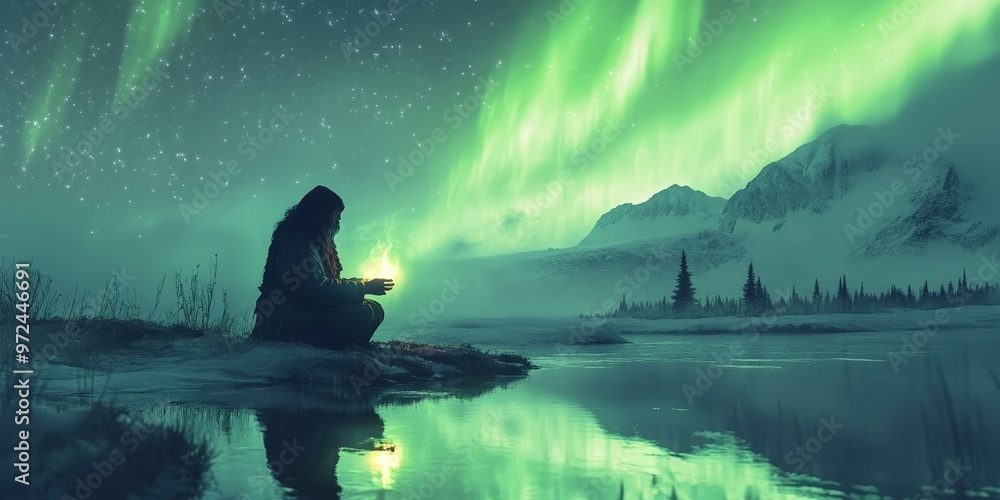A hooded figure holds a light under a green aurora. A hooded figure holds a light under a green aurora.
