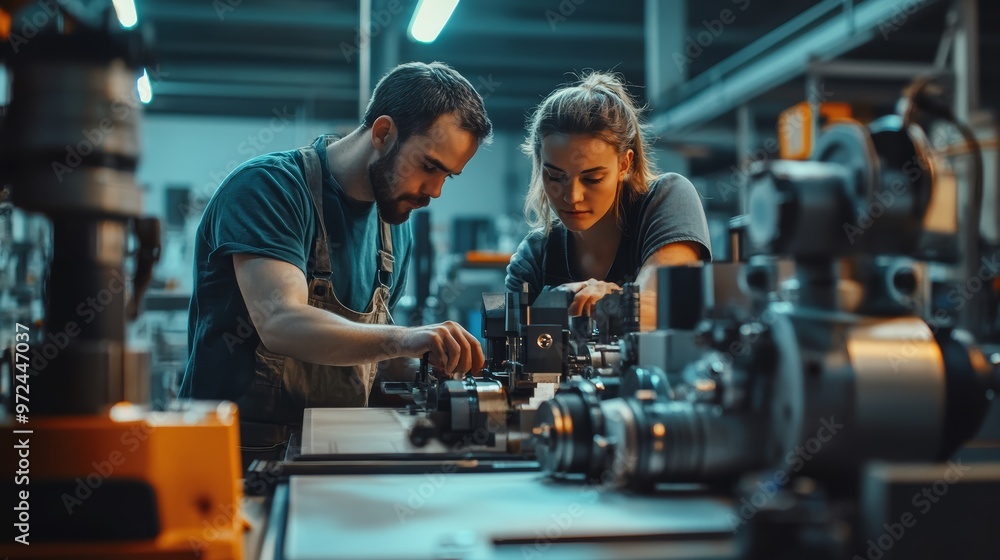 Industrial Workers Operating Machinery in Factory Industrial Workers Operating Machinery in Factory