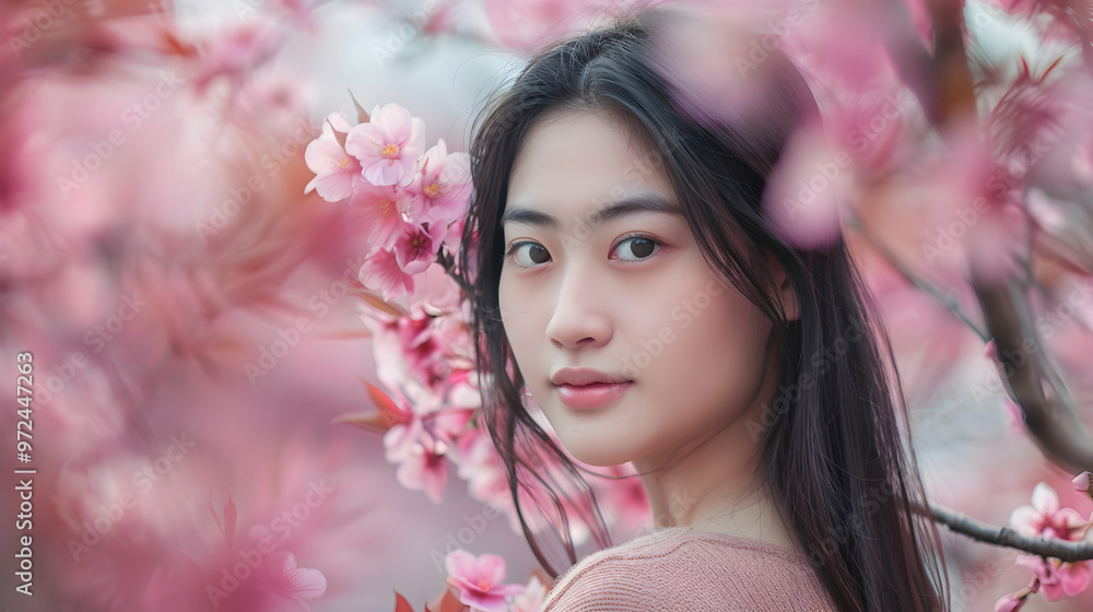 Young Chinese Model Cherry Blossom Garden Young Chinese Model Cherry Blossom Garden