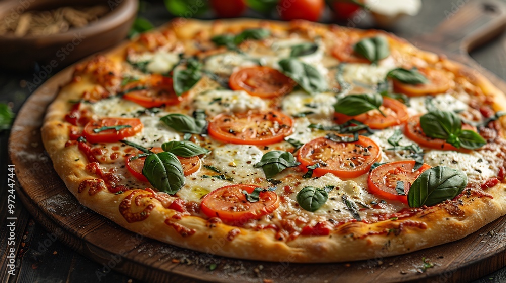 Classic Margherita pizza with a thin crispy crust topped with fresh mozzarella tomatoes and basil leaves Classic Margherita pizza with a thin crispy crust topped with fresh mozzarella tomatoes and basil leaves