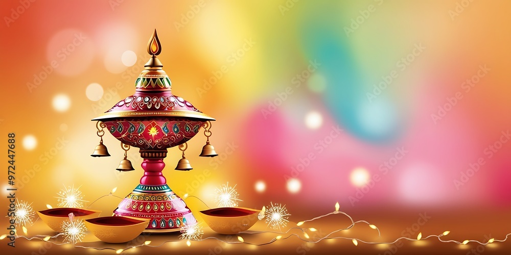 Traditional Indian Diya Lamp Lit for Happy Diwali Festive Celebrations - Diwali Background with Colorful Lights Traditional Indian Diya Lamp Lit for Happy Diwali Festive Celebrations - Diwali Background with Colorful Lights