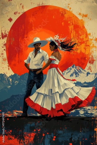 Hispanic couple dancing in traditional attire against a mountainous sunset background