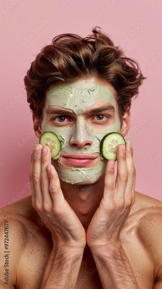 A man is seen applying cucumber slices on his face for skin care purposes A man is seen applying cucumber slices on his face for skin care purposes
